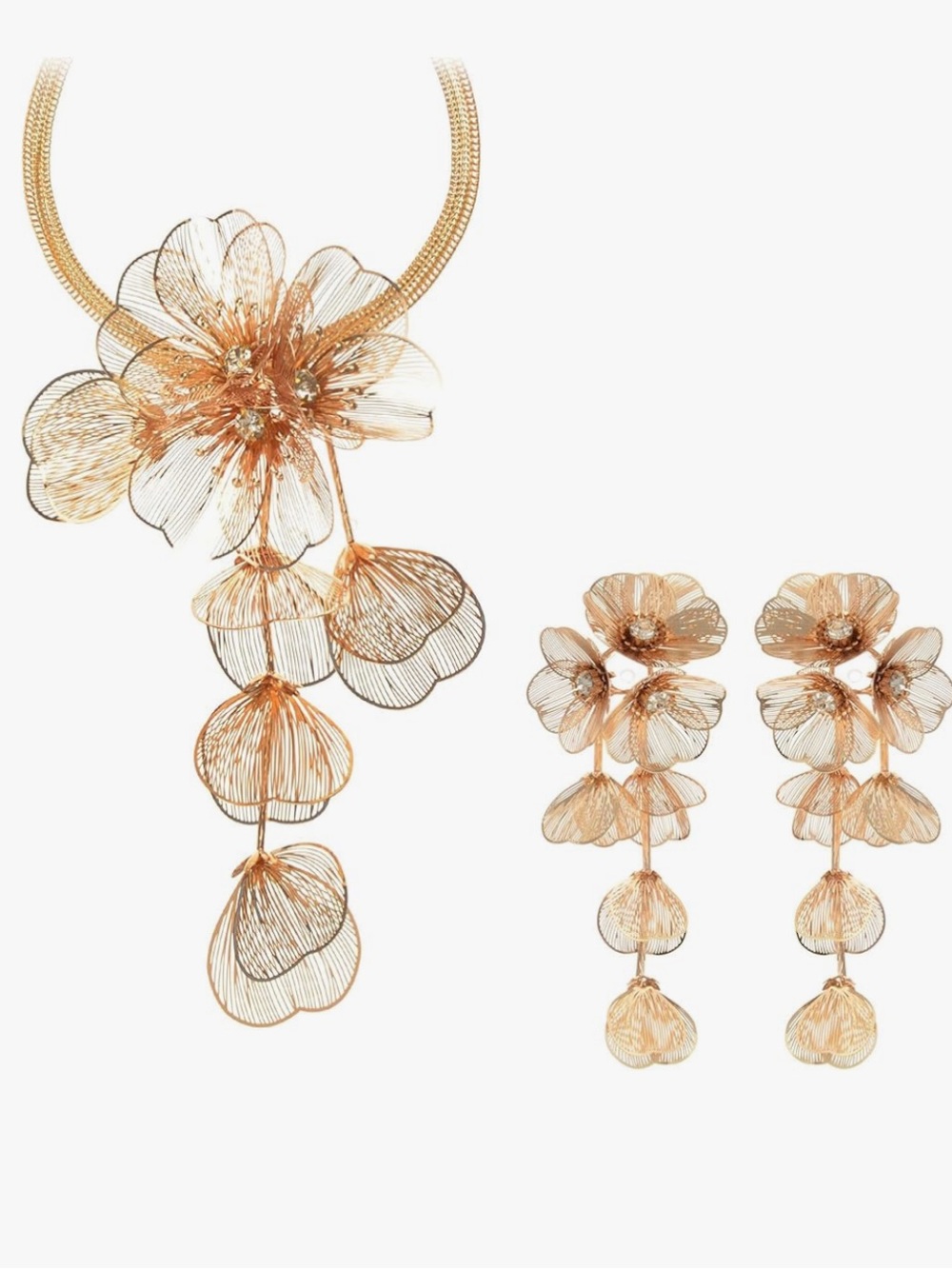 Famous Kate Middleton Gold Metal Flower Necklace and Earrings Set